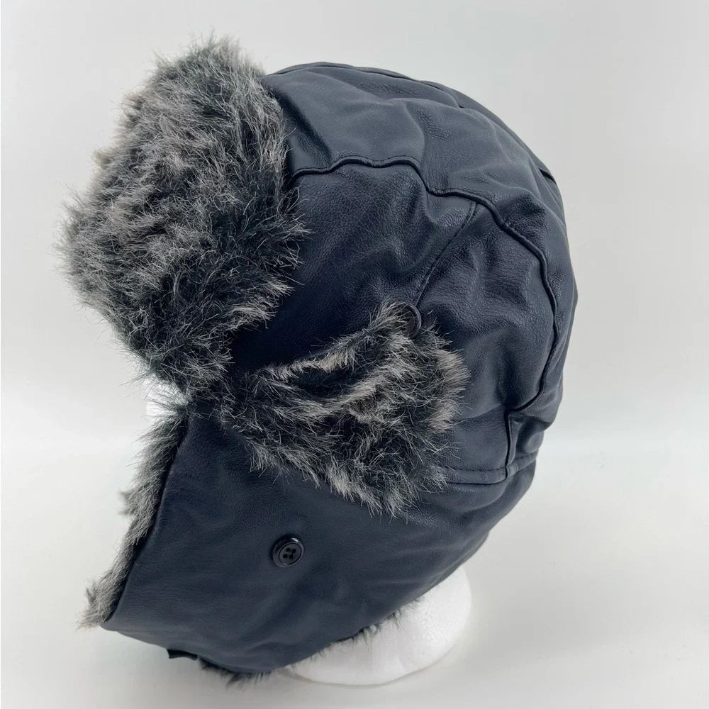 Faux Fur Leather Aviator Hat‎ in Black Winter Gear Warm Trapper